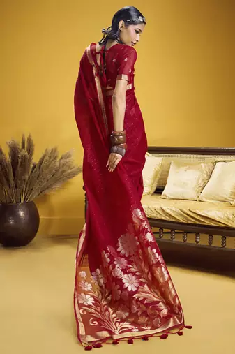 red pure munga silk blend handloom weaving saree