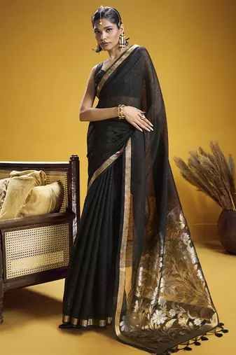 black pure munga silk blend handloom weaving saree