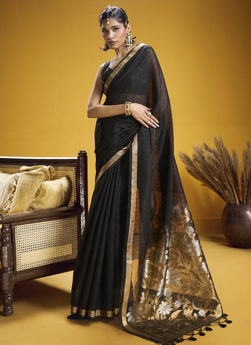black pure munga silk blend handloom weaving saree