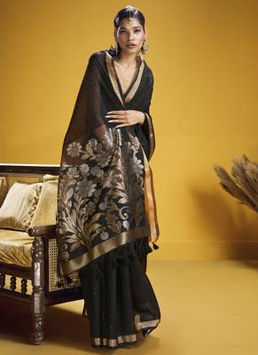 black pure munga silk blend handloom weaving saree 2