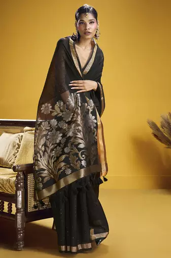 black pure munga silk blend handloom weaving saree