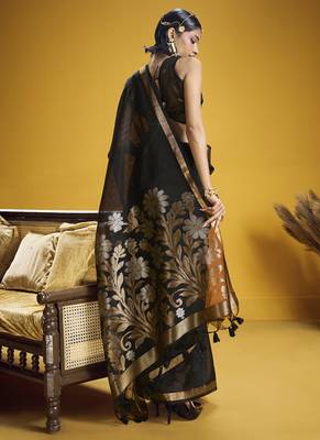 black pure munga silk blend handloom weaving saree 3