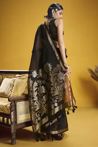 black pure munga silk blend handloom weaving saree