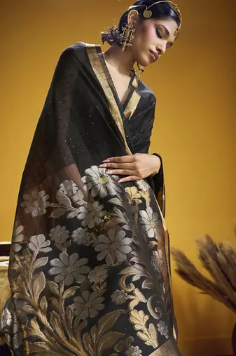 black pure munga silk blend handloom weaving saree