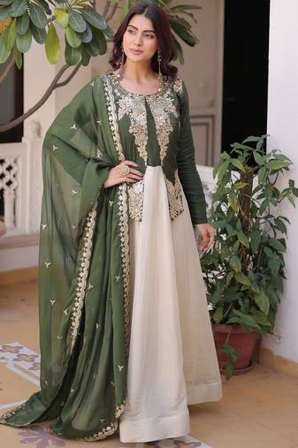 Charming Green Thread Embroidered Silk Festival Wear Gown With Dupatta