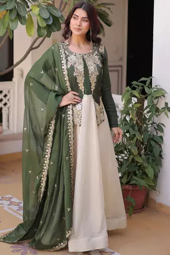 Charming Green Thread Embroidered Silk Festival Wear Gown With Dupatta