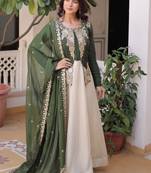 Charming Green Thread Embroidered Silk Festival Wear Gown With Dupatta