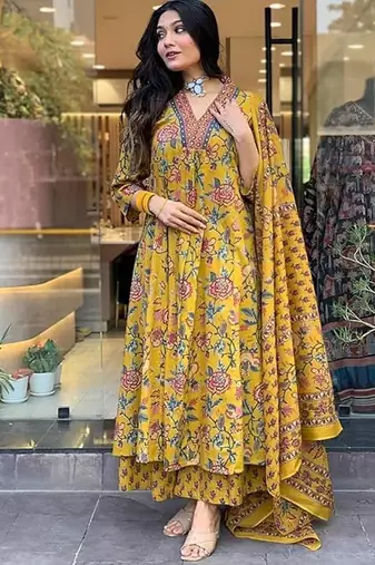 Jaipuri Yellow Women's Cotton Blend Anarkali Printed Kurta With Palazzo & Dupatta