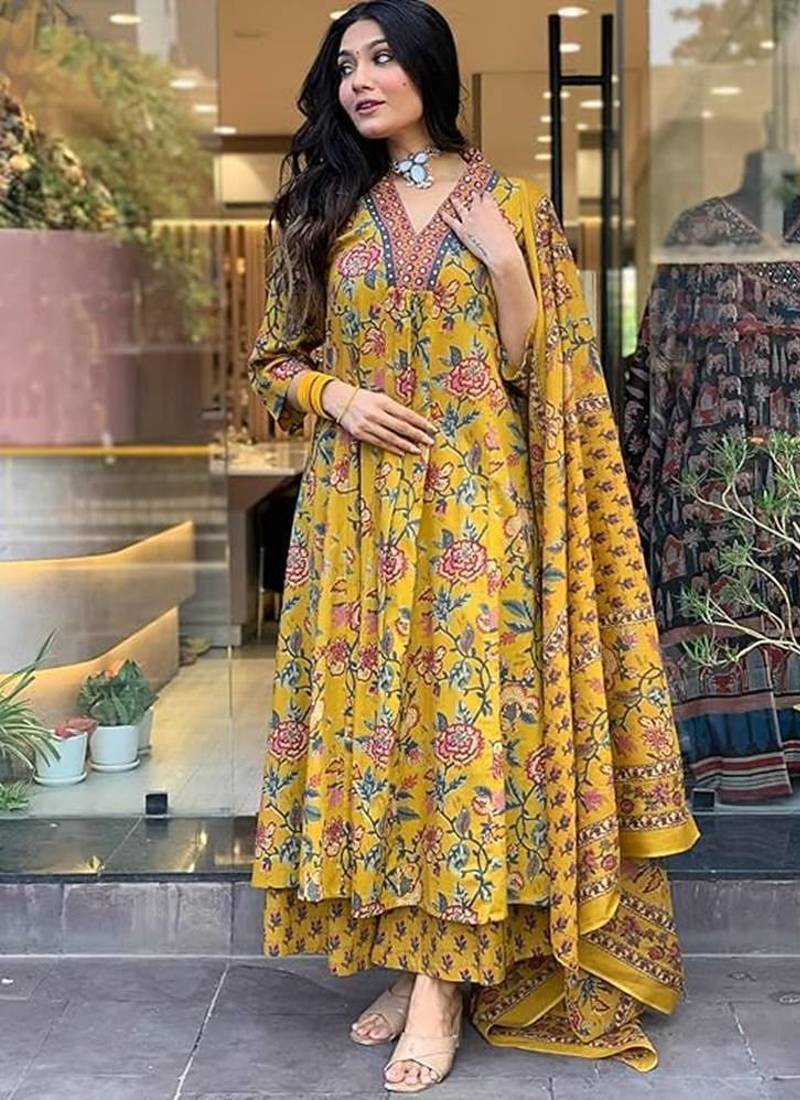 Jaipuri Yellow Women's Cotton Blend Anarkali Printed Kurta With Palazzo & Dupatta
