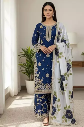 Blue silk blend embroidered ethnic set