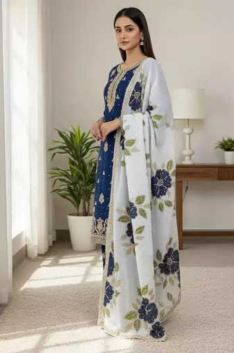 Blue silk blend embroidered ethnic set