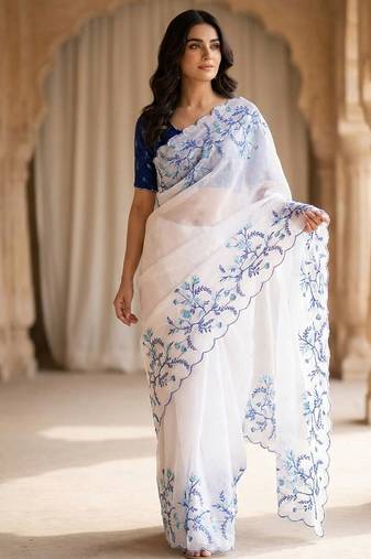 White tabby silk wedding wear saree for women hand embroidery