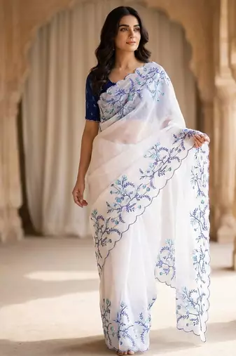 White tabby silk wedding wear saree for women hand embroidery
