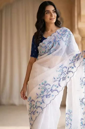 White tabby silk wedding wear saree for women hand embroidery