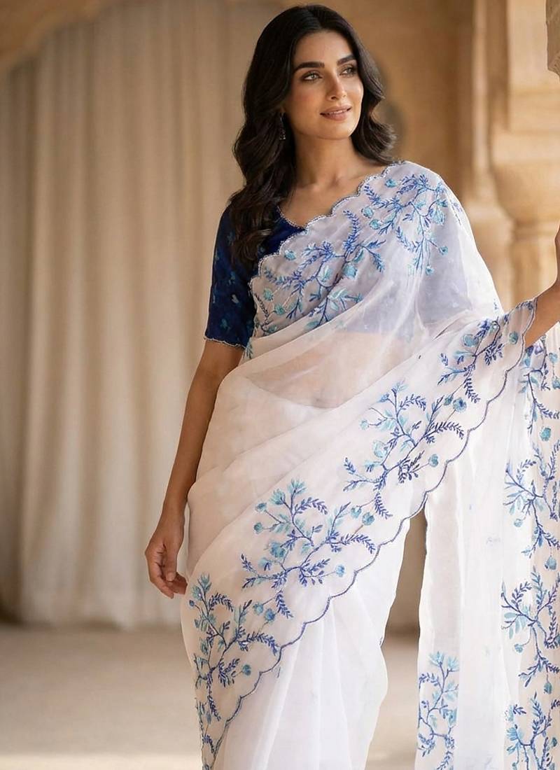 White tabby silk wedding wear saree for women hand embroidery