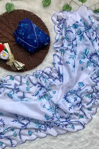 White tabby silk wedding wear saree for women hand embroidery