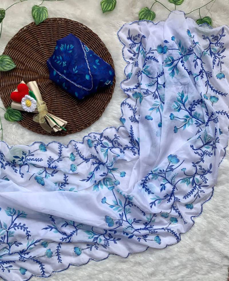 White tabby silk wedding wear saree for women hand embroidery