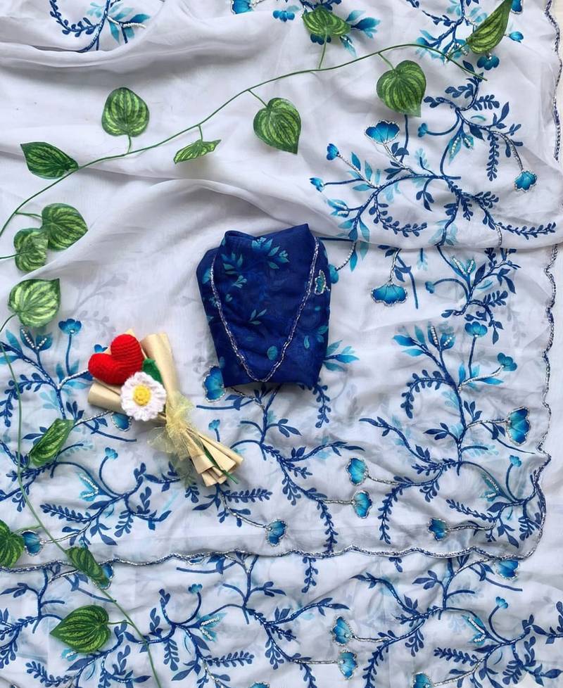 White tabby silk wedding wear saree for women hand embroidery