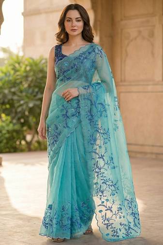 Sky blue tabby silk wedding wear saree for women hand embroidery