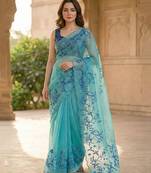 Sky blue tabby silk wedding wear saree for women hand embroidery