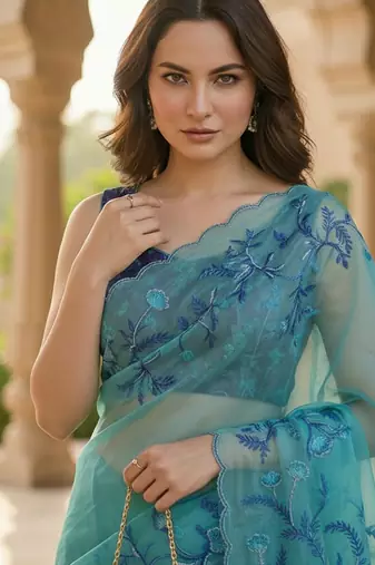Sky blue tabby silk wedding wear saree for women hand embroidery