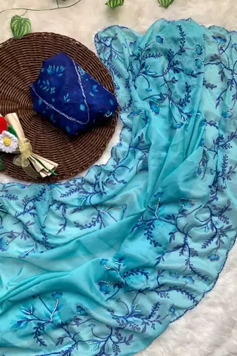 Sky blue tabby silk wedding wear saree for women hand embroidery