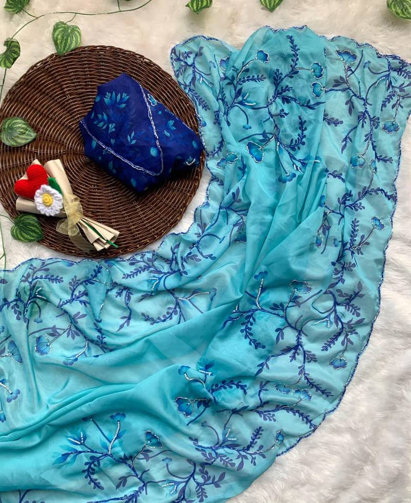 Sky blue tabby silk wedding wear saree for women hand embroidery