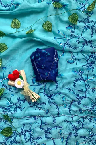 Sky blue tabby silk wedding wear saree for women hand embroidery