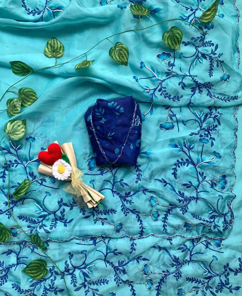 Sky blue tabby silk wedding wear saree for women hand embroidery