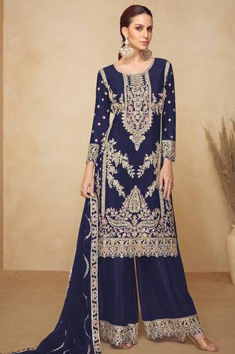 navy blue chinon embroidered pakistani suit