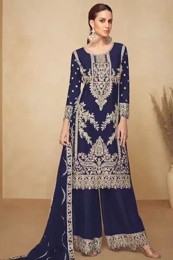 navy blue chinon embroidered pakistani suit
