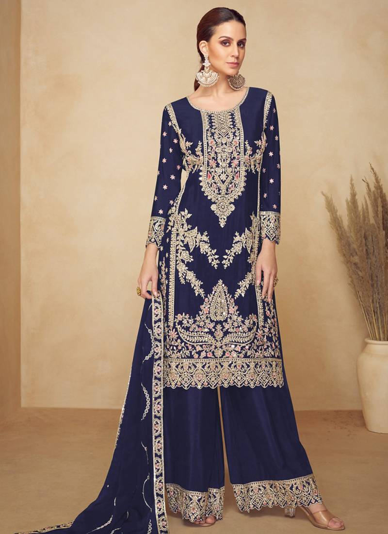 Designer chinon navy blue straight suit for women pakistani style