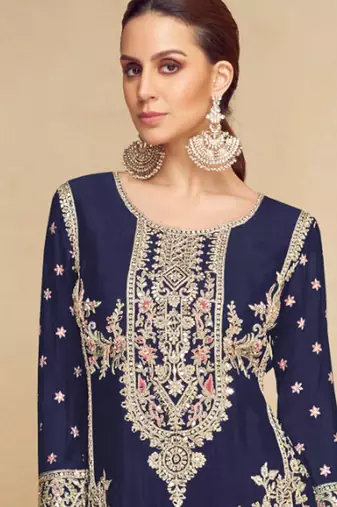 navy blue chinon embroidered pakistani suit