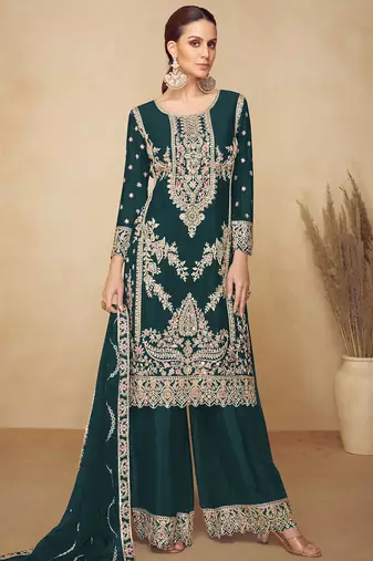 green chinon embroidered pakistani suit