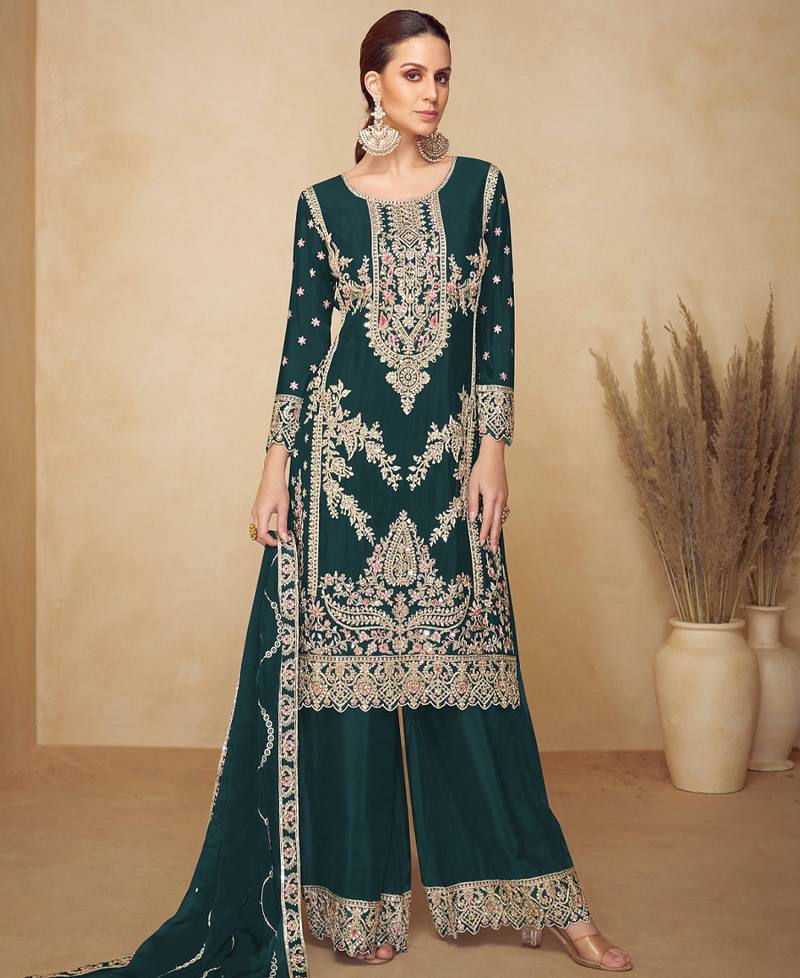 Designer chinon green straight suit for women pakistani style