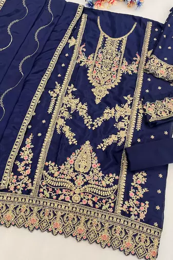 navy blue chinon embroidered pakistani suit