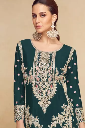 green chinon embroidered pakistani suit