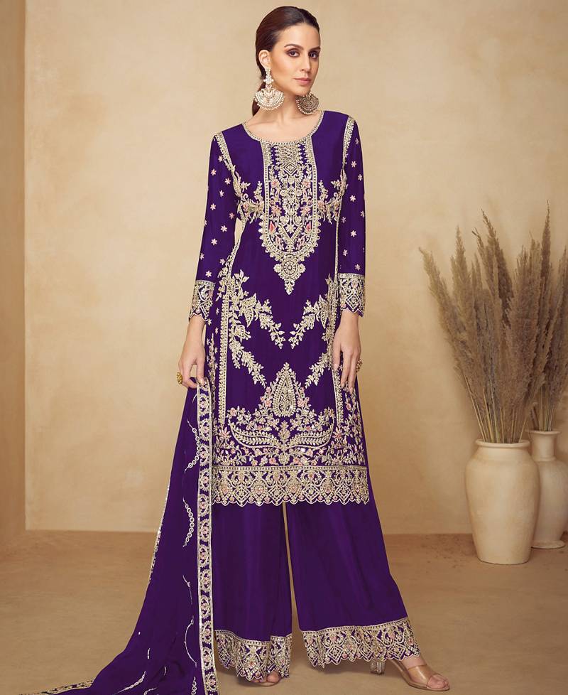 Designer chinon purple straight suit for women pakistani style