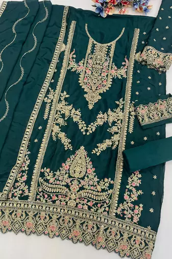 green chinon embroidered pakistani suit