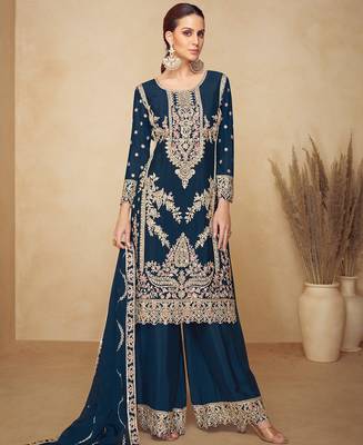 teal blue chinon embroidered pakistani suit 1