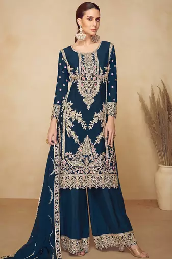 teal blue chinon embroidered pakistani suit