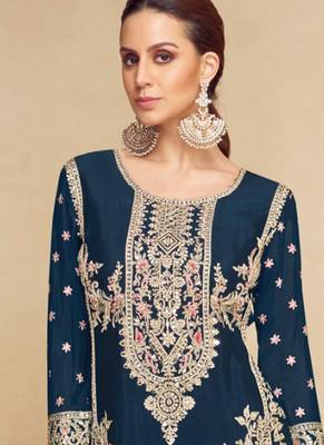 teal blue chinon embroidered pakistani suit 2