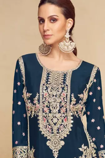 teal blue chinon embroidered pakistani suit