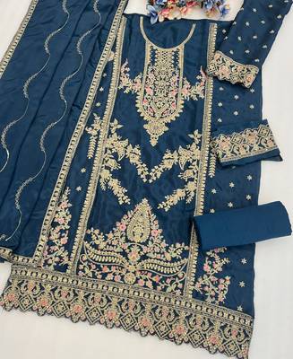 teal blue chinon embroidered pakistani suit 3