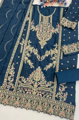 teal blue chinon embroidered pakistani suit