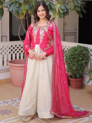 Dazzling Pink Thread Embroidered Silk Function Wear Gown With Dupatta 1