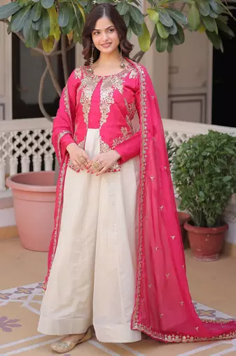 Dazzling Pink Thread Embroidered Silk Function Wear Gown With Dupatta