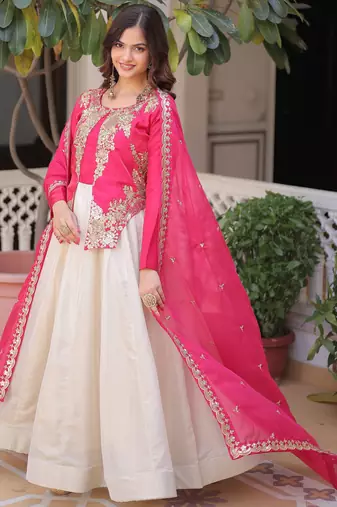 Dazzling Pink Thread Embroidered Silk Function Wear Gown With Dupatta