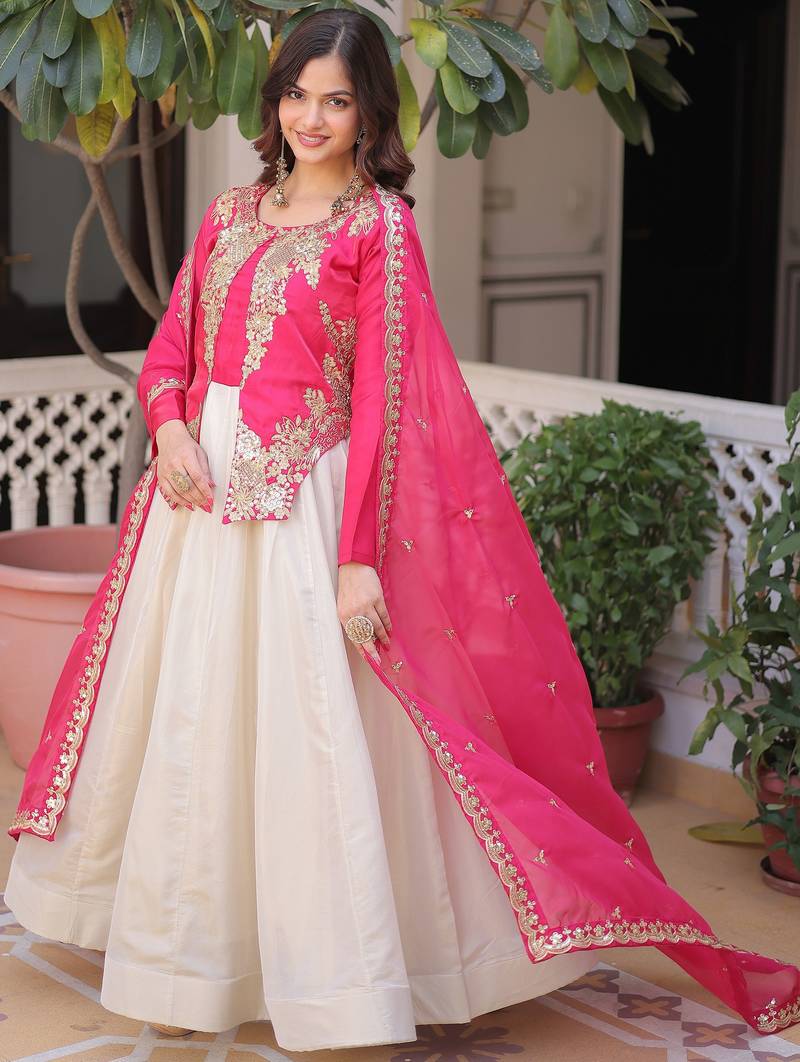 Dazzling Pink Thread Embroidered Silk Function Wear Gown With Dupatta