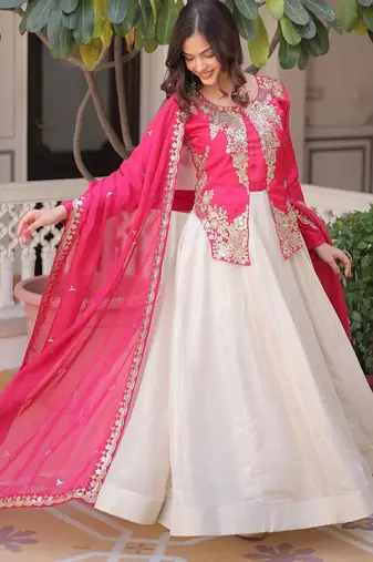 Dazzling Pink Thread Embroidered Silk Function Wear Gown With Dupatta